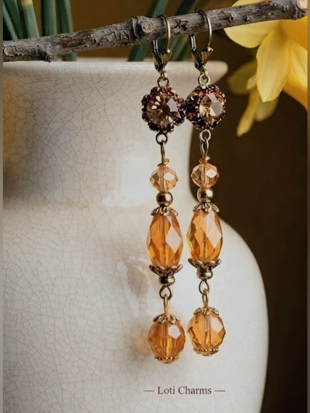 Victorian Fruity Peach & Pink Swarovski Crystal Flowers & Glass In Long Earrings